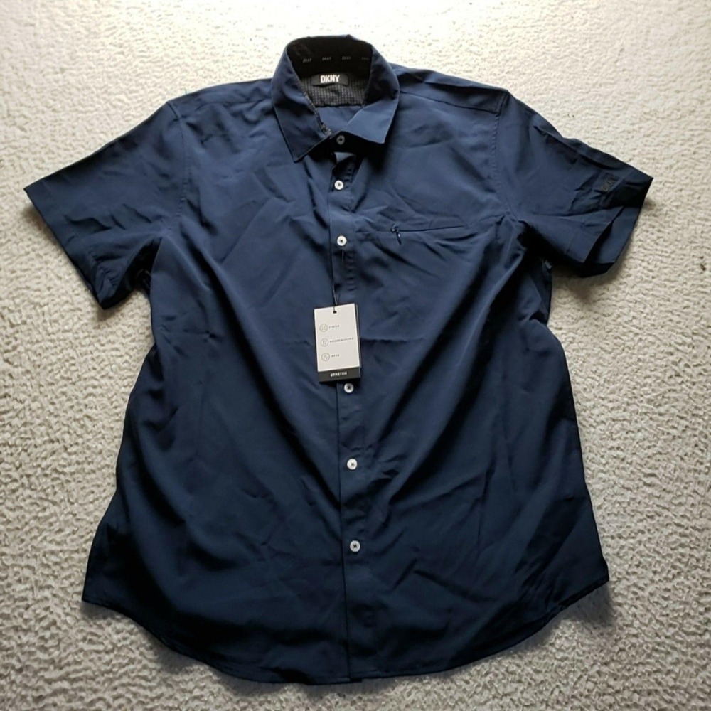 DKNY Shirt Mens Large Blue Solid Short Sleeve Stretch Button-Up Casual UPF 30